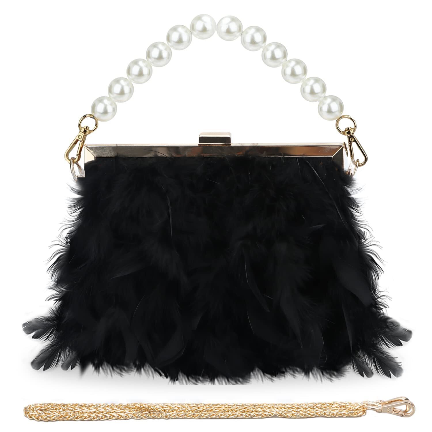 5503 Black Feather Clutches Purses Bagpearl Fluffy Evening Handbags